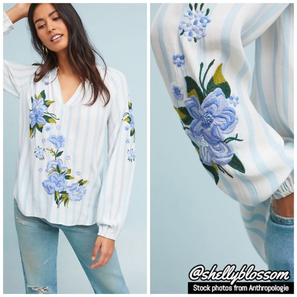 NWT Anthropologie Embroidered & Striped Blouse - Picture 3 of 4
